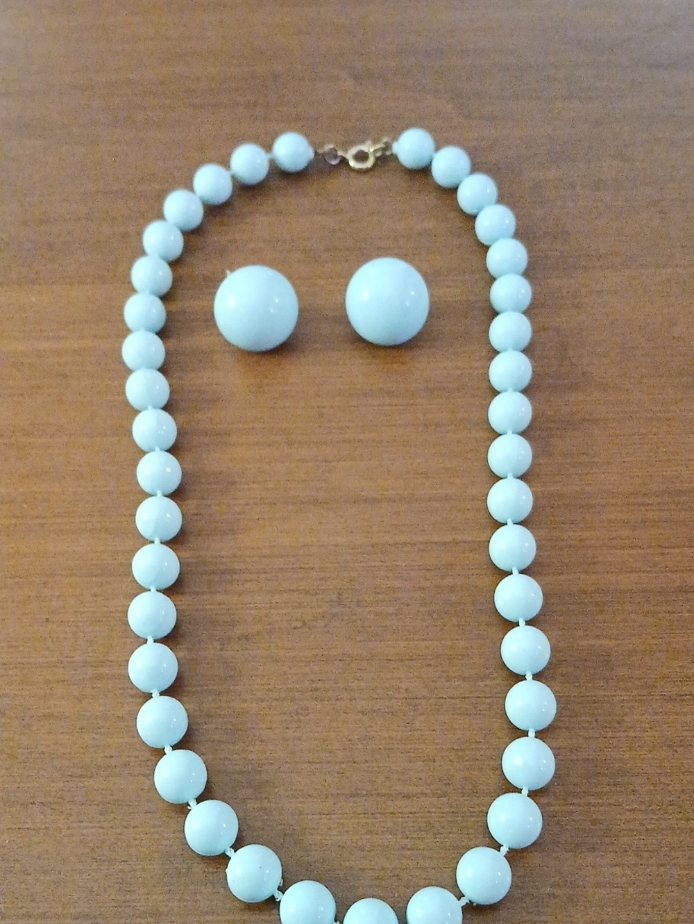 Light Blue Beaded Necklace and Stud Clip On Earrings Set - Classic